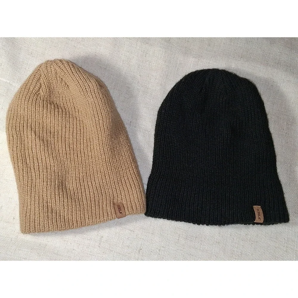 Bebila Kids Beanie Hat Set 2 Pack Black Tan Ribbed Knit Acrylic Winter Caps